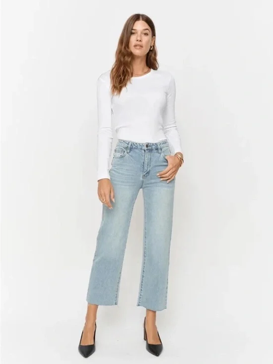 Oliver Logan Aberdeen Wide Leg Crop Jeans Womens Size 30 Blue High Rise Raw Hem - Picture 5 of 14